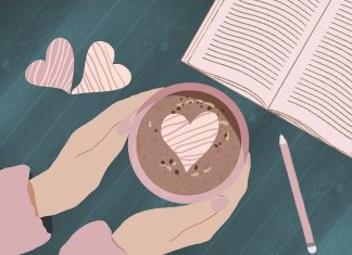 ilustracija šalice kave i knjige sa srcima