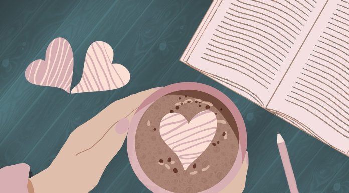 ilustracija šalice kave i knjige sa srcima