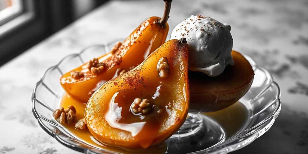 kruske s cimetom medom i orasima i kuglom sladoleda