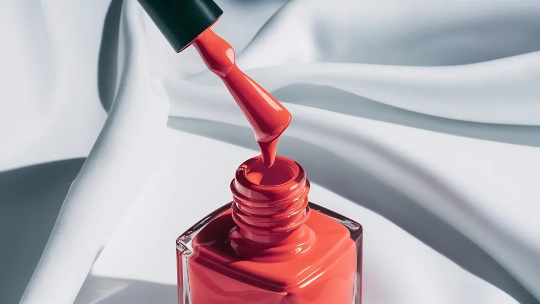 Crveni a lak za nokte kapa s kista u bocicu na bijeloj tekstilnoj pozadini