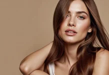Autumn skin je novi beauty mood: kako postići zdrav, mekan ten bez teškog pudera djevojka prekrasne smeđe kose i lijepe kože pozira na smeđoj pozadini