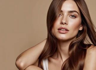 Autumn skin je novi beauty mood: kako postići zdrav, mekan ten bez teškog pudera djevojka prekrasne smeđe kose i lijepe kože pozira na smeđoj pozadini